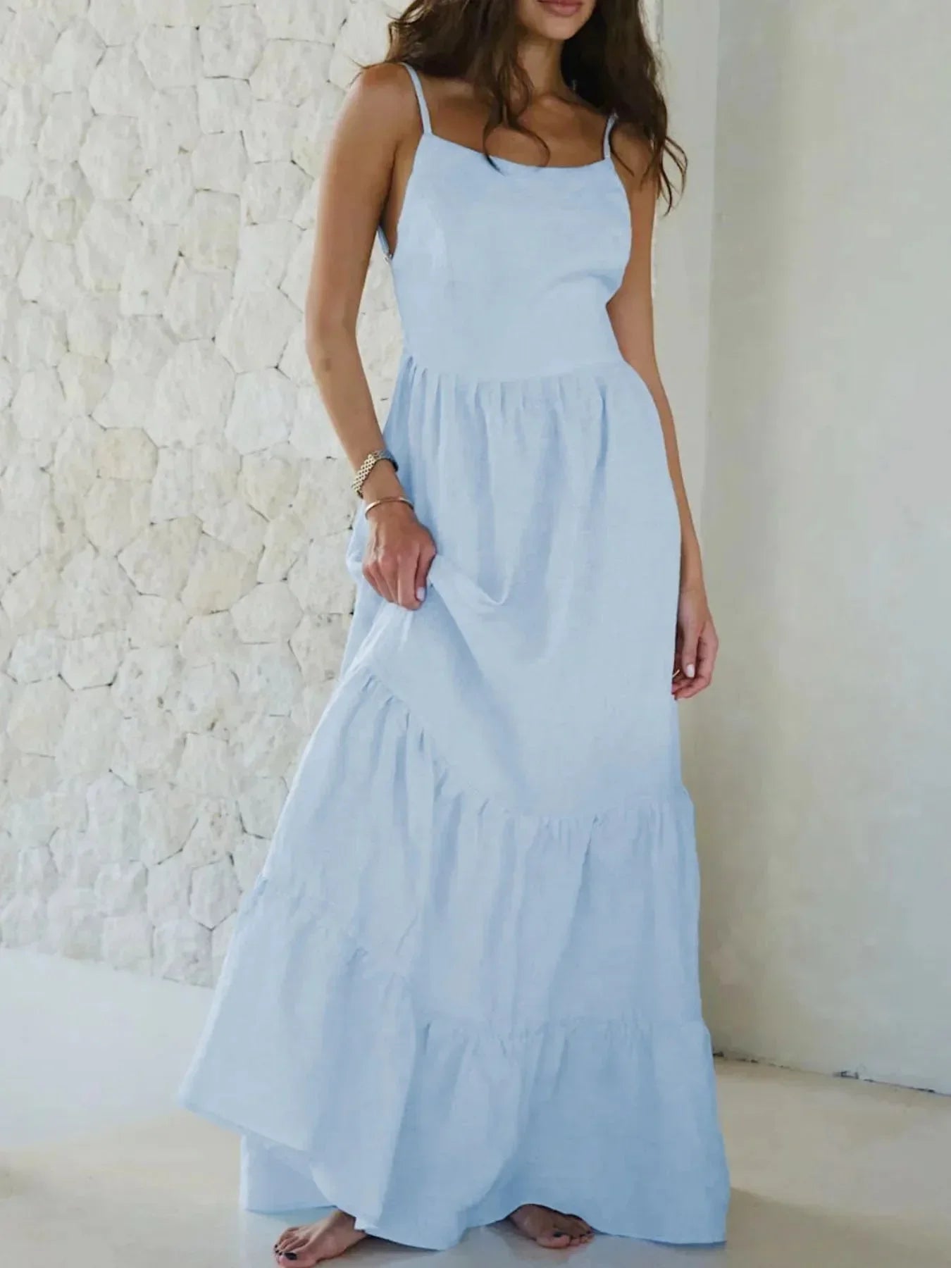 Tiered Maxi Cami Dress with Ruffled Hem - VILLA FASHION